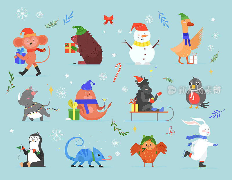 Animal celebrate Christmas vector illustration set, cartoon zoo collection with wildlife animal xmas characters celebrating winter holidays